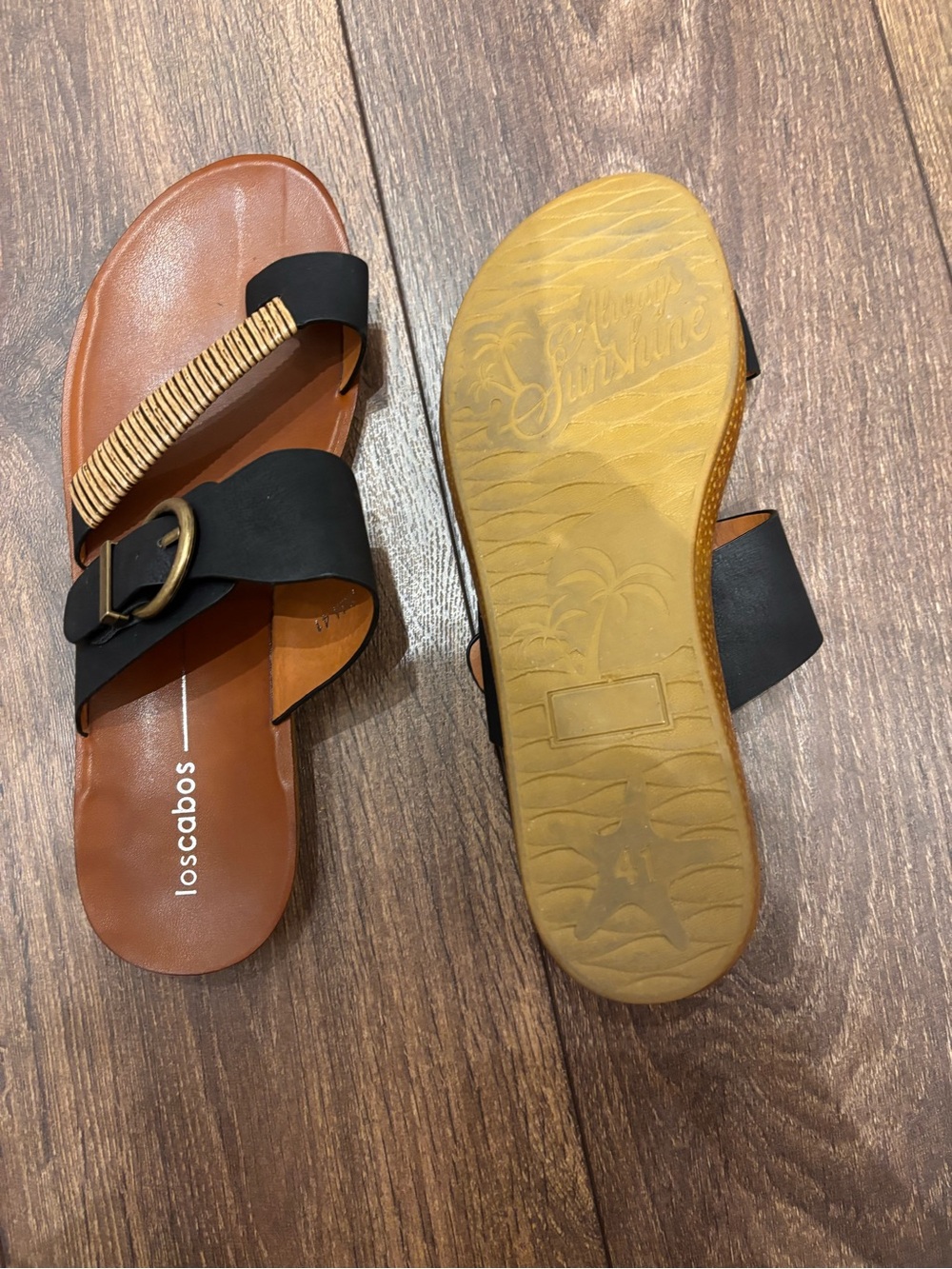 Women's Black Slide Sandals - adjustable with woven accent and burnished buckle - Picture 2 of 2